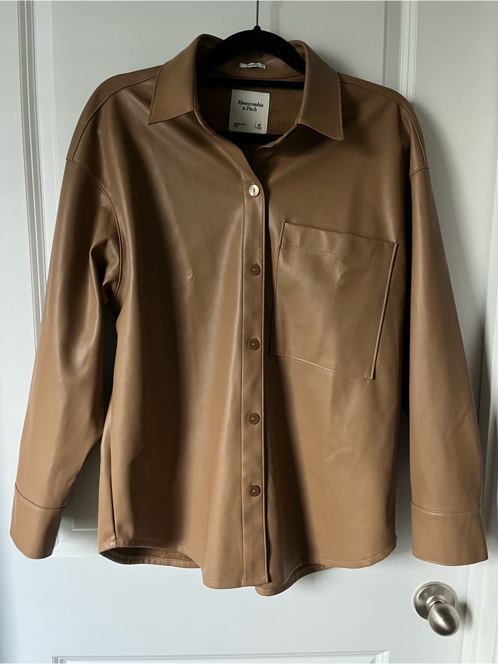 Abercrombie & Fitch Medium Tan Oversized Faux Vegan Leather Shirt Jacket